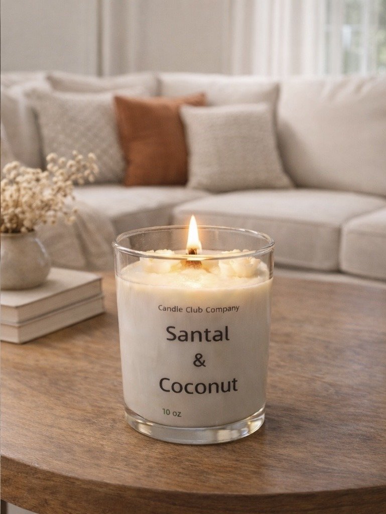Luxury wooden wick candle in cozy living room setting by Candle Club Company