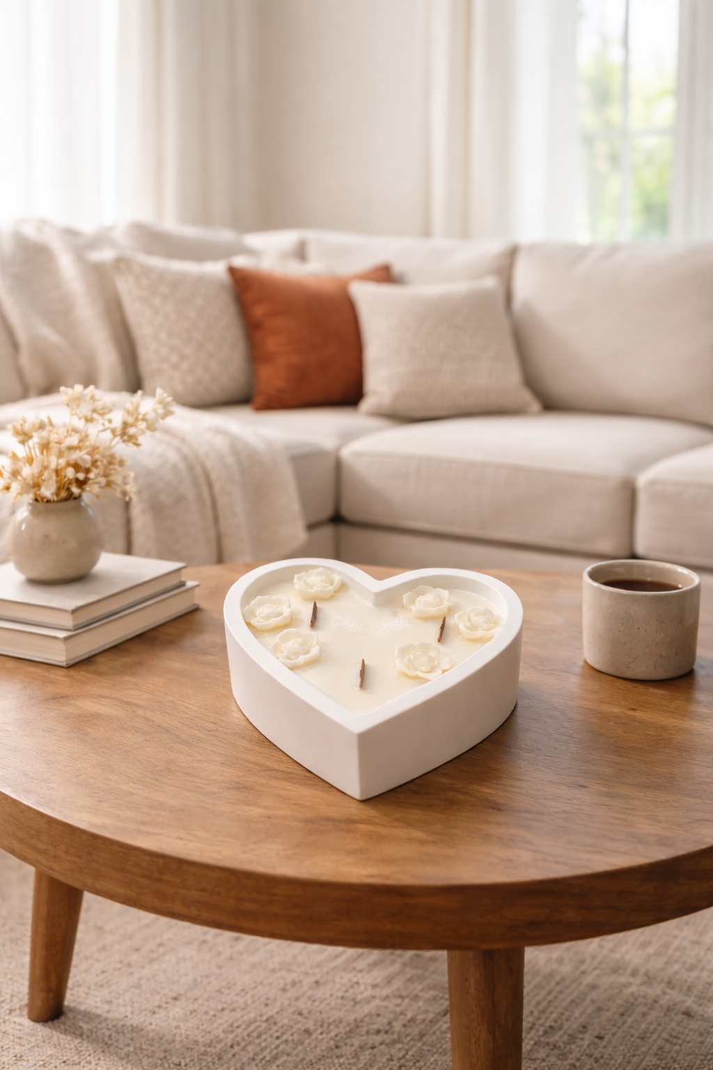 Heart-shaped concrete soy candle with three cotton wicks styled on a living room coffee table, handmade home fragrance decor candle made in Connecticut