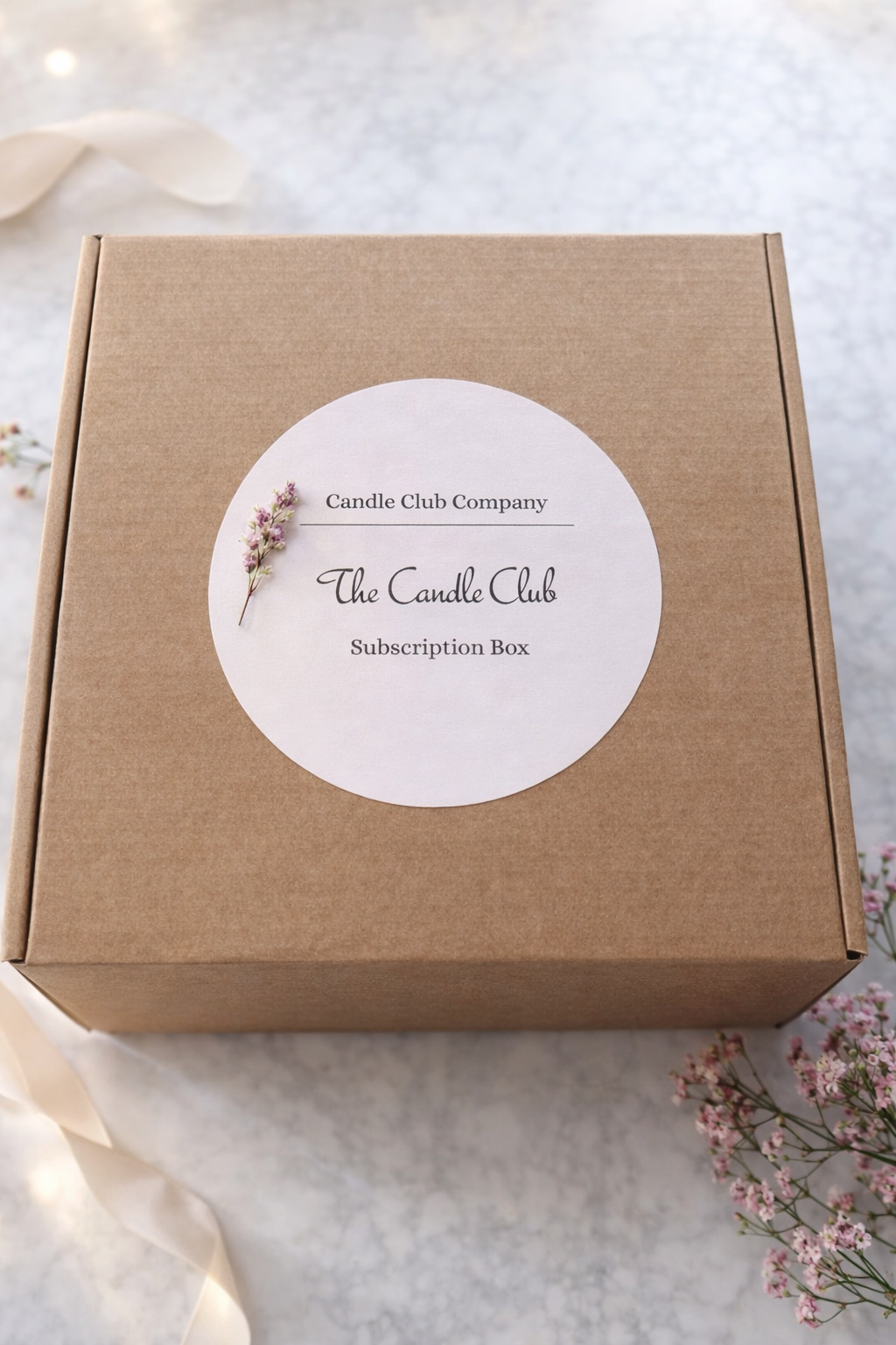 The Candle Club Monthly Subscription Box by Candle Club Company with elegant cream round sticker on kraft box