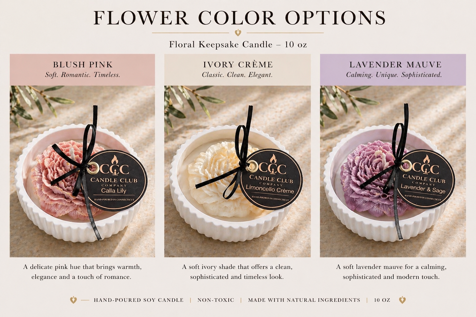 Flower color options for Luxury Bloom Vessel Candle featuring blush pink, ivory crème, and lavender mauve floral designs in white jars.