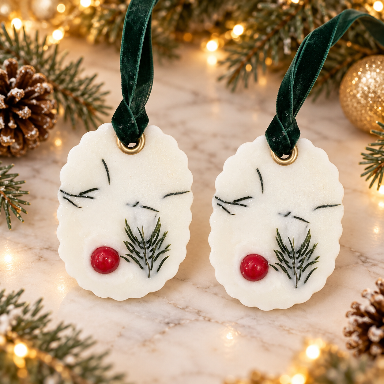 Cranberry Woods scented wax ornaments with evergreen and red berry details, set of two