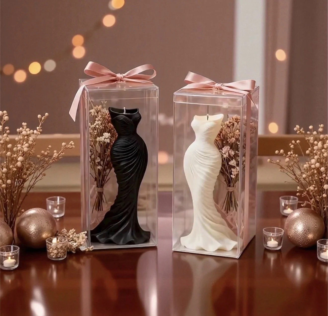Wedding dress-shaped soy candles in elegant gift boxes, handmade luxury wedding favors and bridal shower candles by Candle Club Company, unique artisan candles made in the USA.