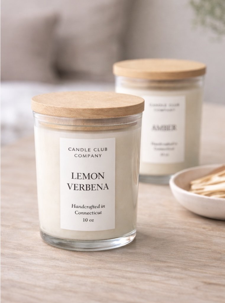 Lemon Verbena handmade soy candle in 10 oz glass jar with wooden lid by Candle Club Company, luxury candle handcrafted in Farmington, Connecticut.