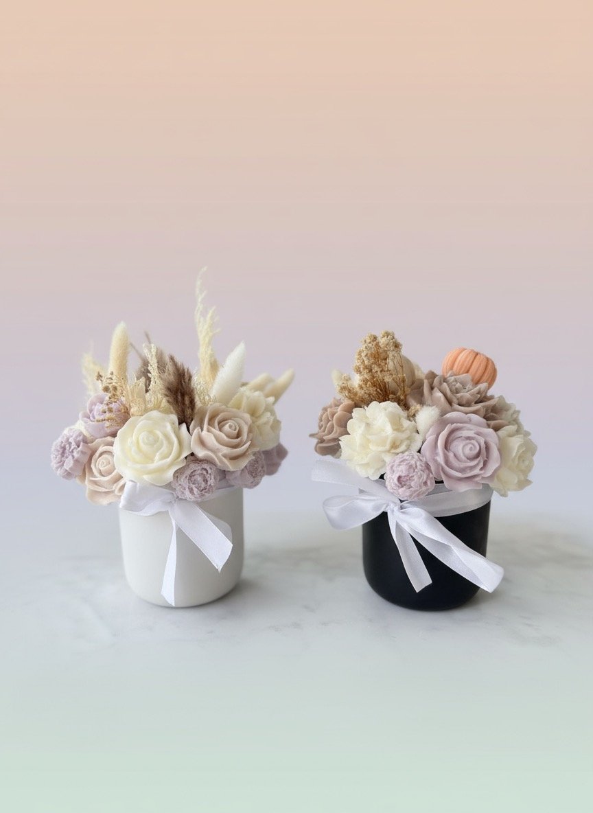 Handcrafted floral soy candle bouquet in white and black vase with rose and pampas design, perfect handmade gift from Candle Club Company in Farmington CT.