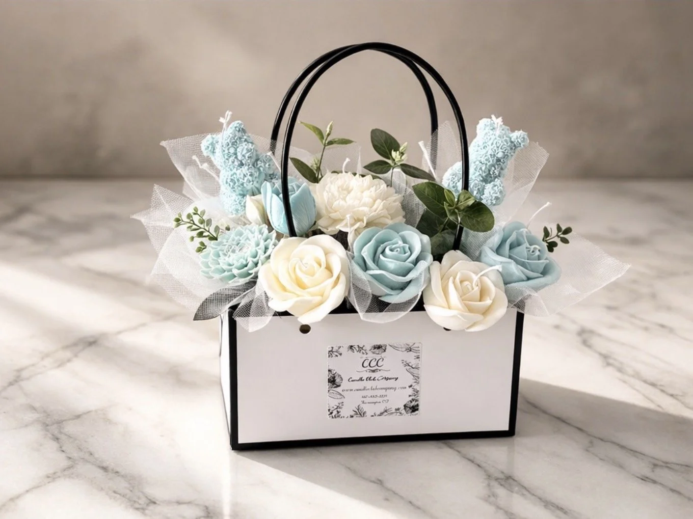 Blue and ivory handmade candle bouquet gift arrangement