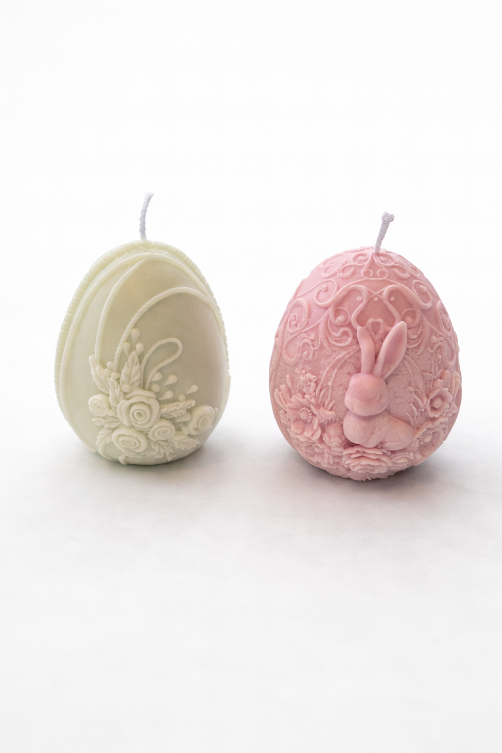 Luxury pastel Easter egg candles with floral and bunny details, 3-inch decorative soy candles handcrafted in Connecticut
