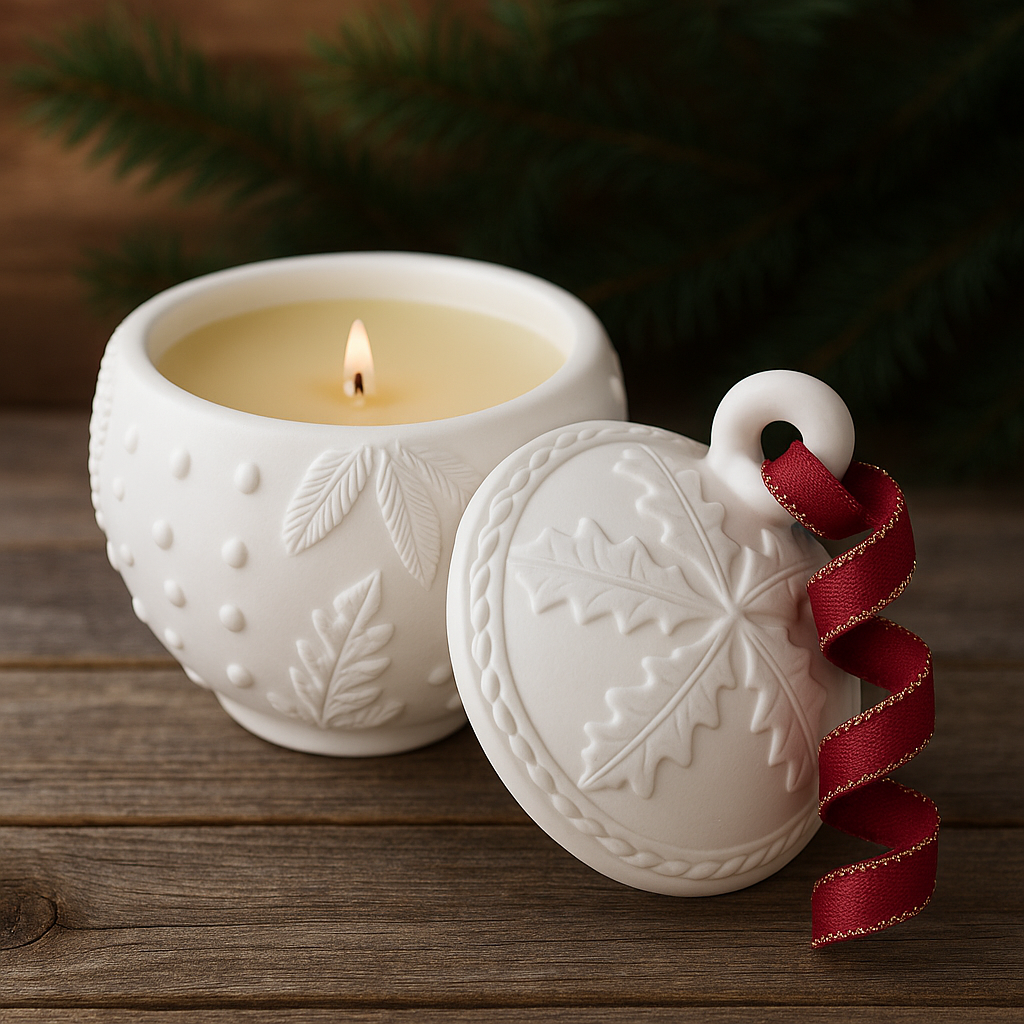 Holiday ornament glow candle styled as Christmas home decor, elegant winter candle gift