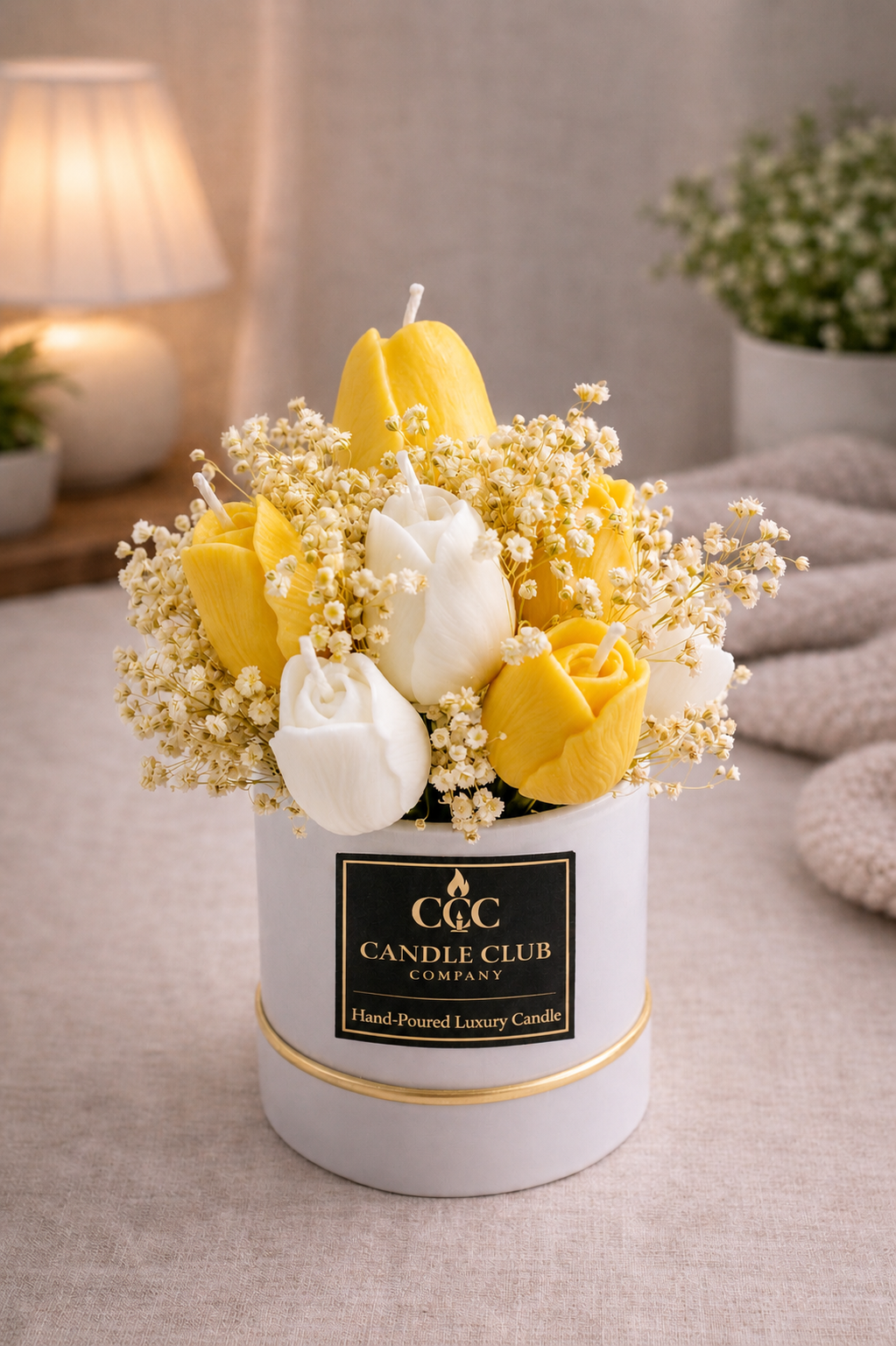 Yellow and ivory tulip candle bouquet with baby’s breath – bright handmade soy candle centerpiece