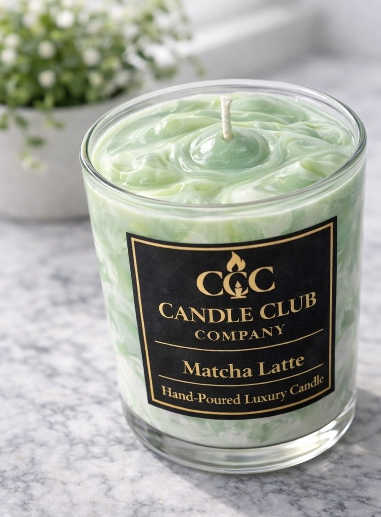 Matcha latte luxury soy candle close-up showing creamy green swirl wax texture and glass jar label, hand-poured 10 oz candle