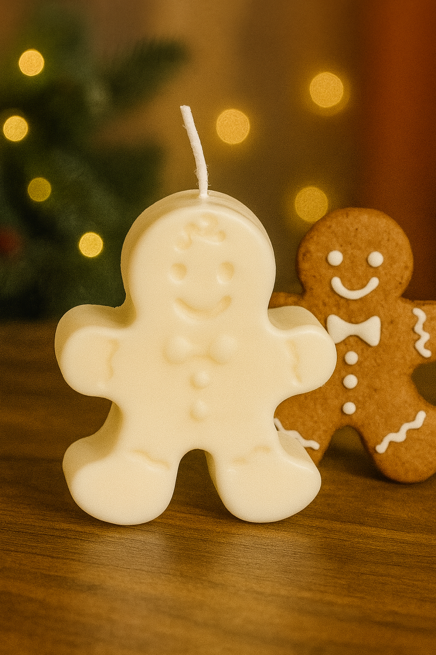 “Handmade gingerbread man soy candle — festive Christmas holiday décor USA shipping”