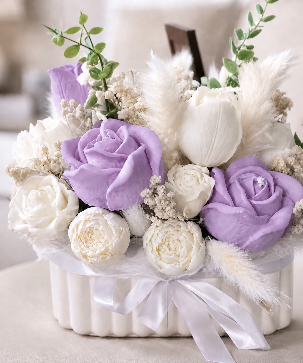 Lavender and ivory floral candle arrangement in a white ceramic bowl, handcrafted soy wax flowers with soft neutral accents