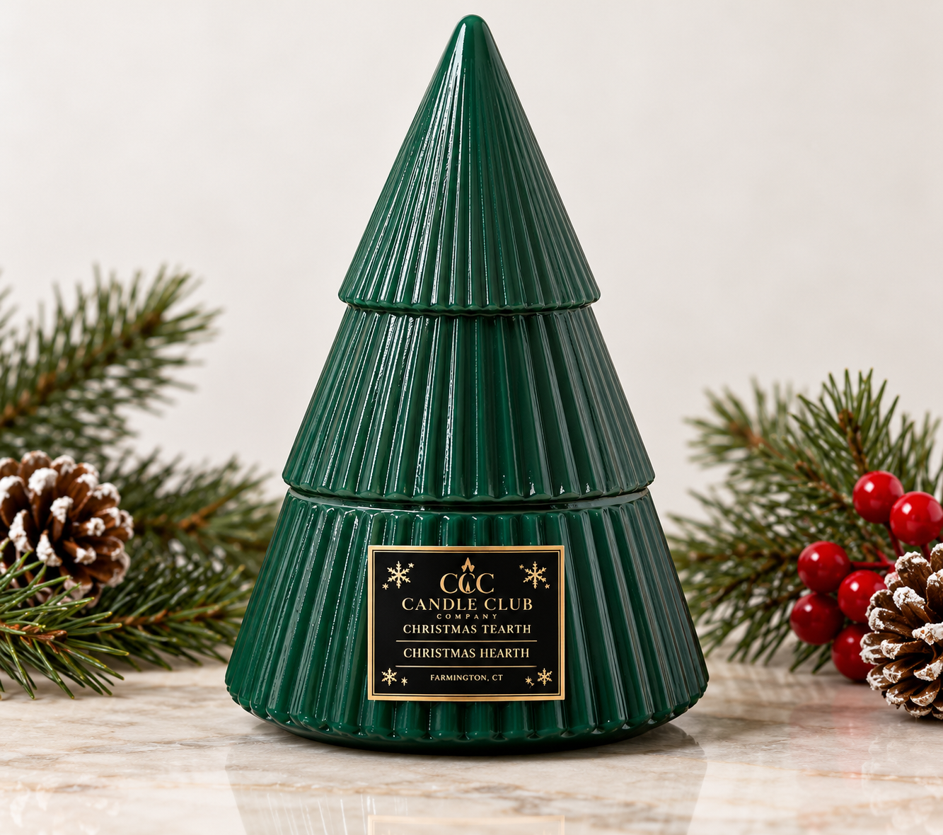 Evergreen Christmas Tree Candle in green holiday vessel by Candle Club Company