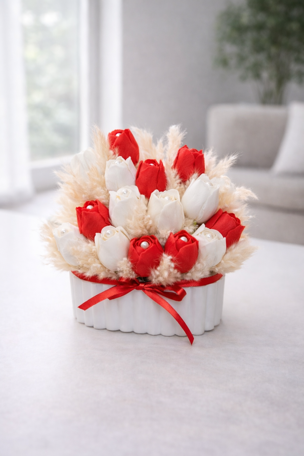 Handmade tulip candle bouquet with red and cream wax flowers, hand-poured soy candle arrangement by Candle Club Company in Connecticut.
