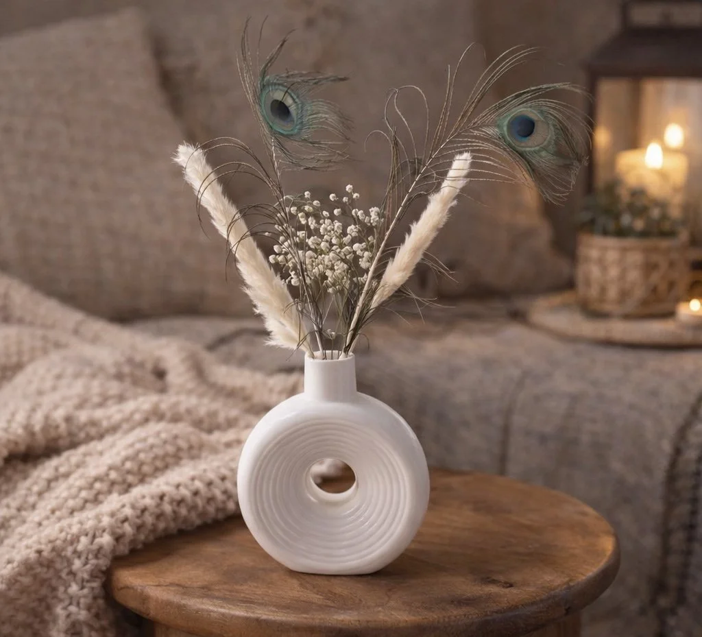 Handmade white ring vase with dried florals on wooden table
