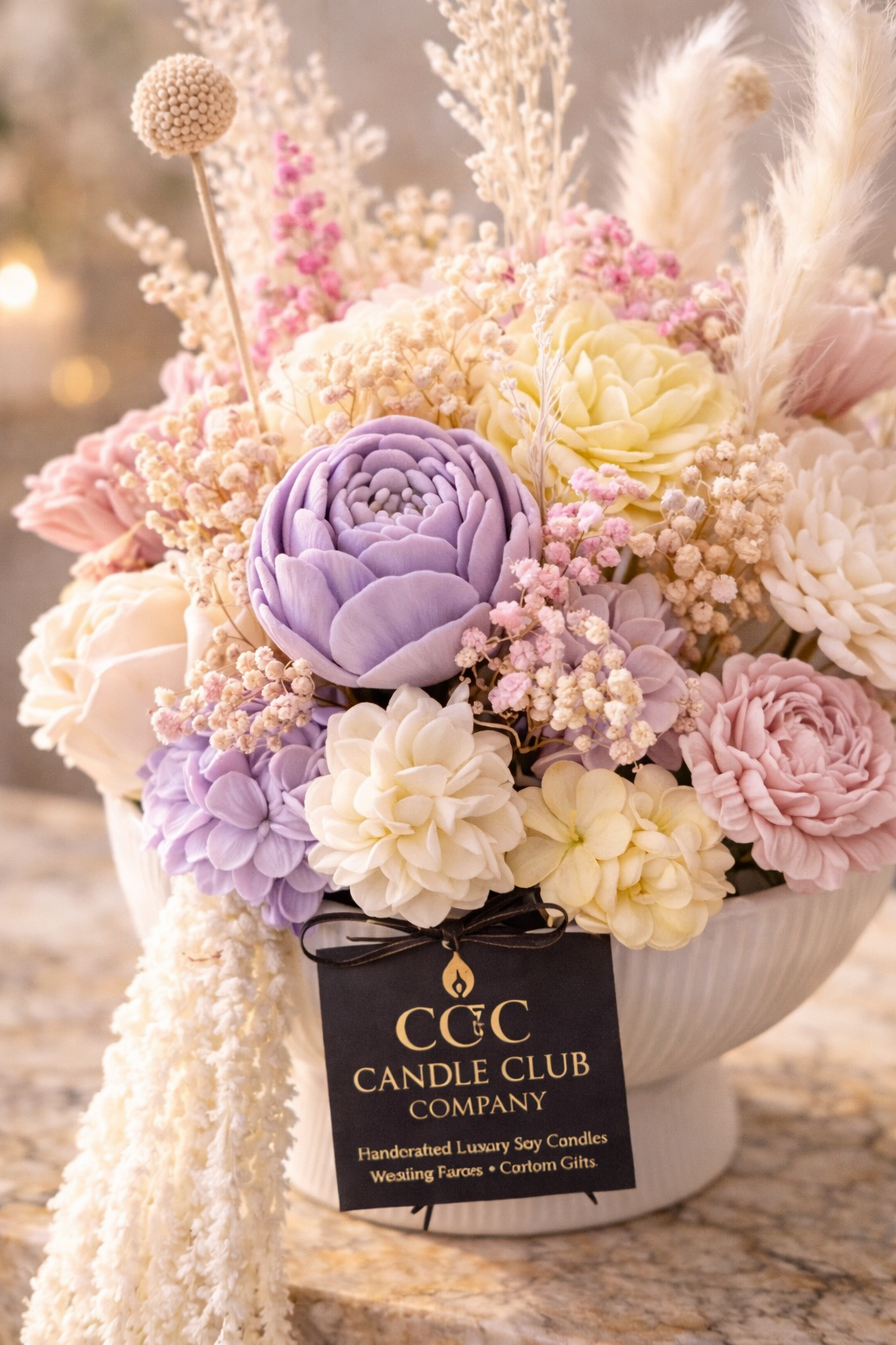 Close-up of handcrafted soy wax flower bouquet candle arrangement with pastel florals, detailed texture, luxury gift and wedding centerpiece idea