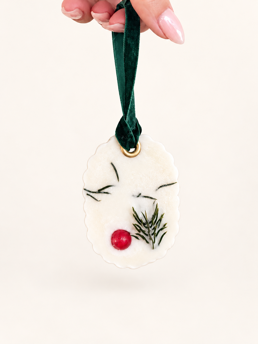 Evergreen Keepsake scented wax ornament with green velvet ribbon by Candle Club Company