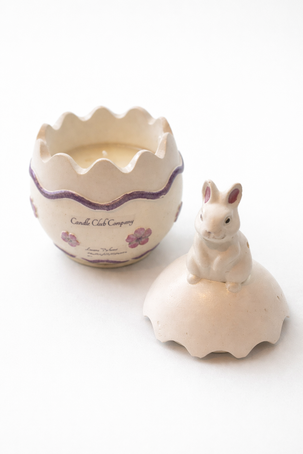 Open ceramic bunny egg candle with removable lid, 8 oz soy wax Easter candle by Candle Club Company in Connecticut with lavender detailing