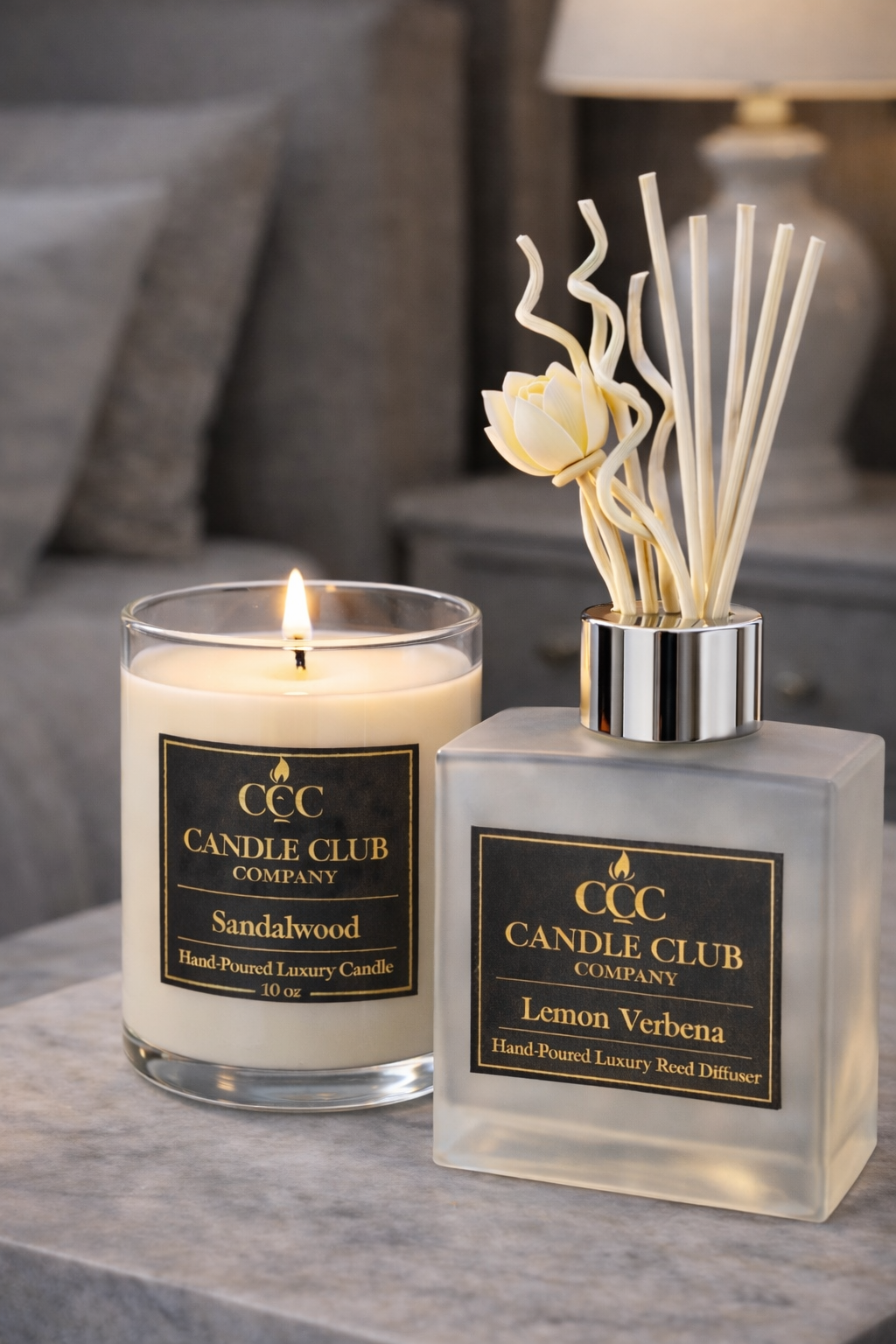 luxury candle and reed diffuser set warm ambient lighting cozy home decor candle club company
