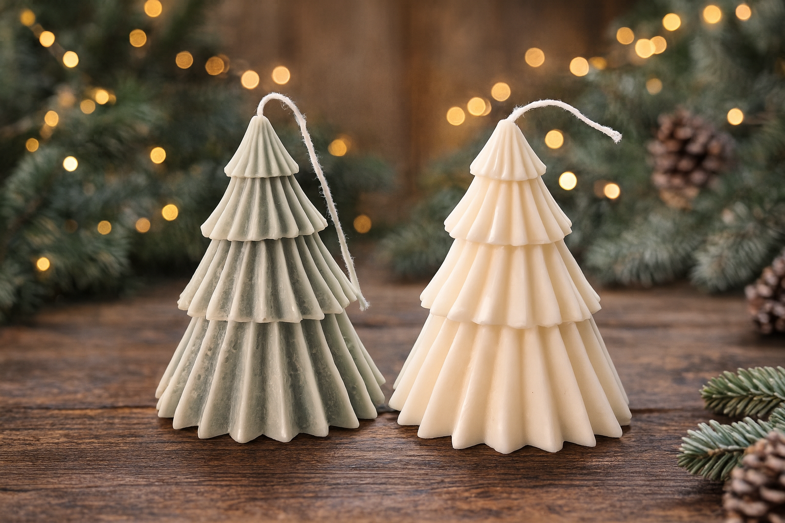 “Handmade Christmas tree candles in green and ivory — soy wax holiday décor USA shipping”