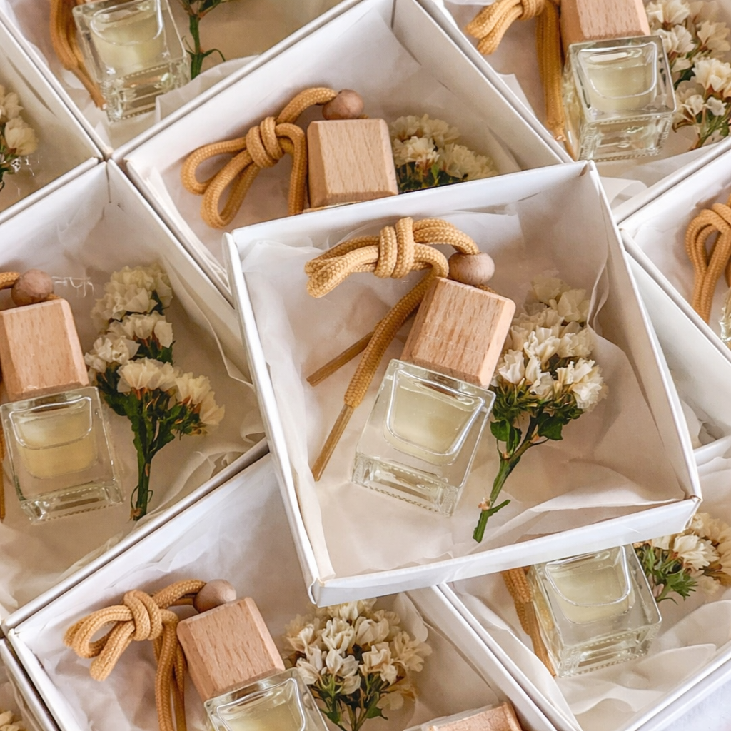 Personalized car diffuser wedding favor in white box with clear lid