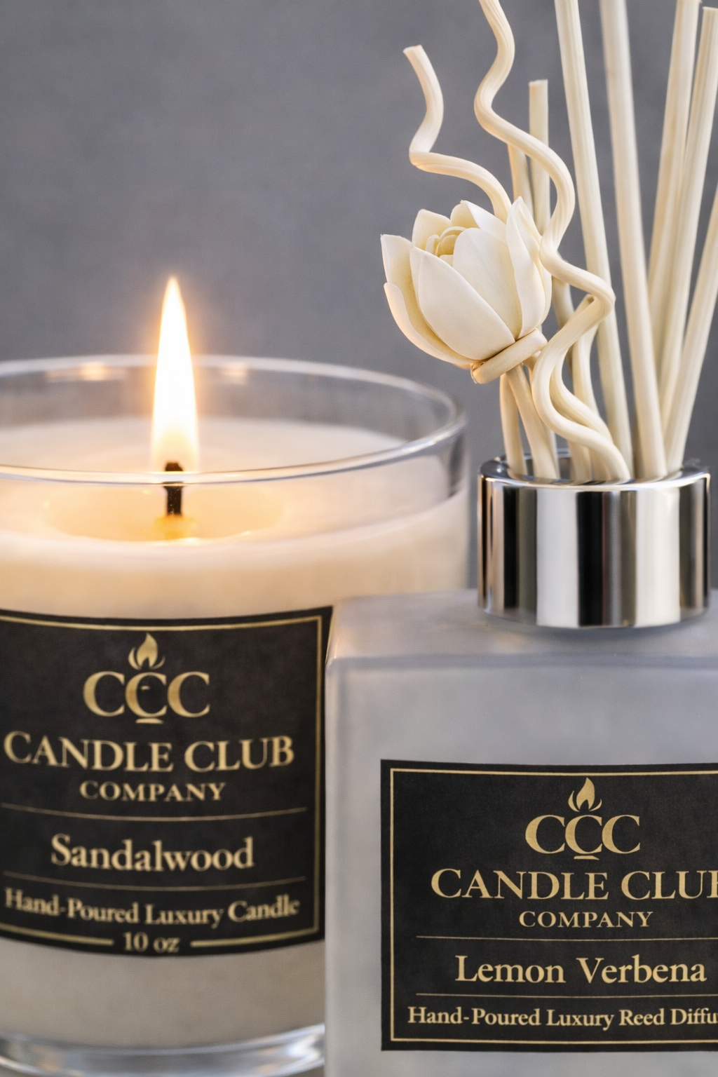 close up reed diffuser sticks and candle flame texture luxury home fragrance detail candle club company