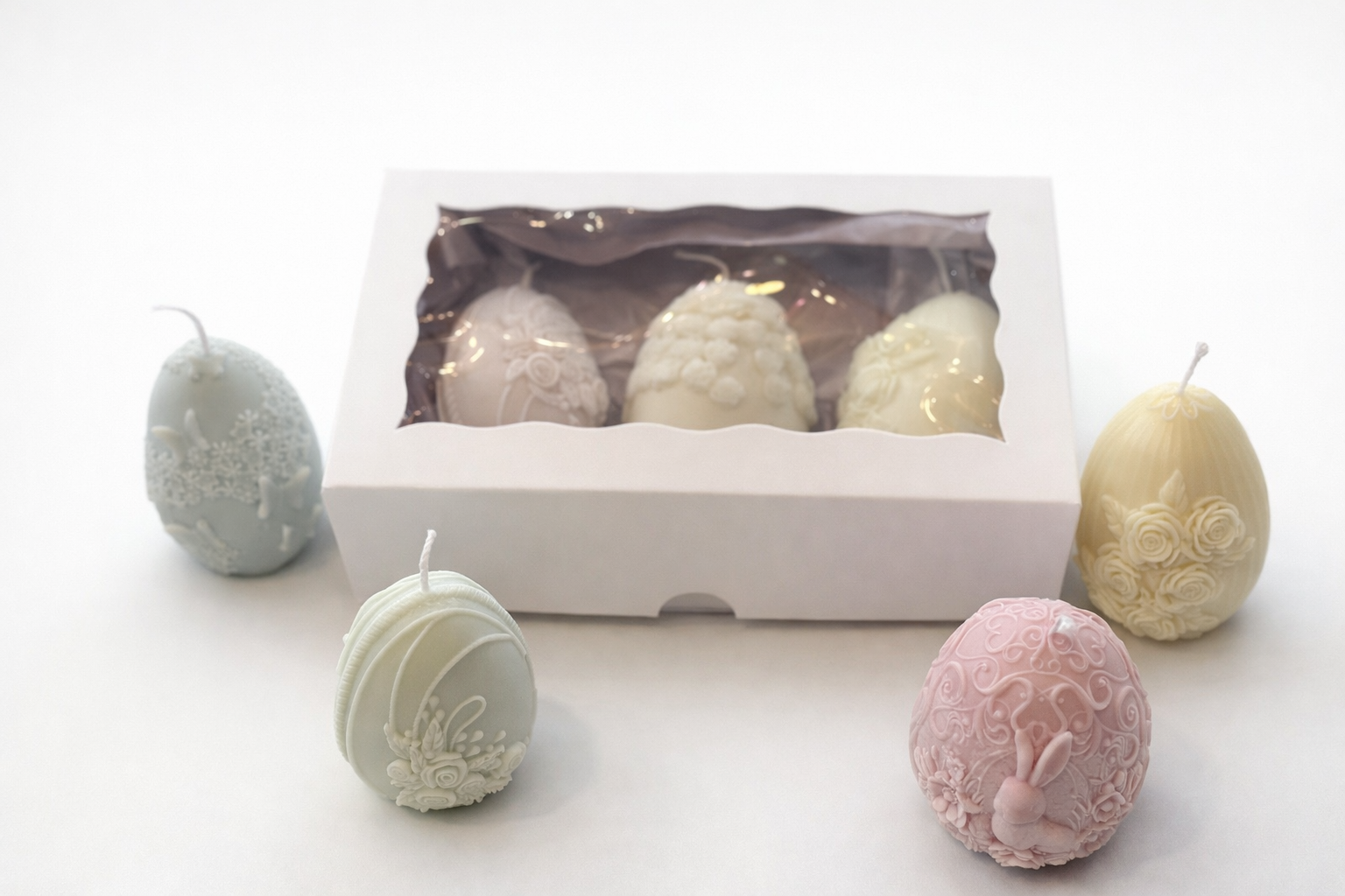 Easter egg candle gift set with pastel soy candles displayed in elegant window gift box, spring home décor handmade in USA
