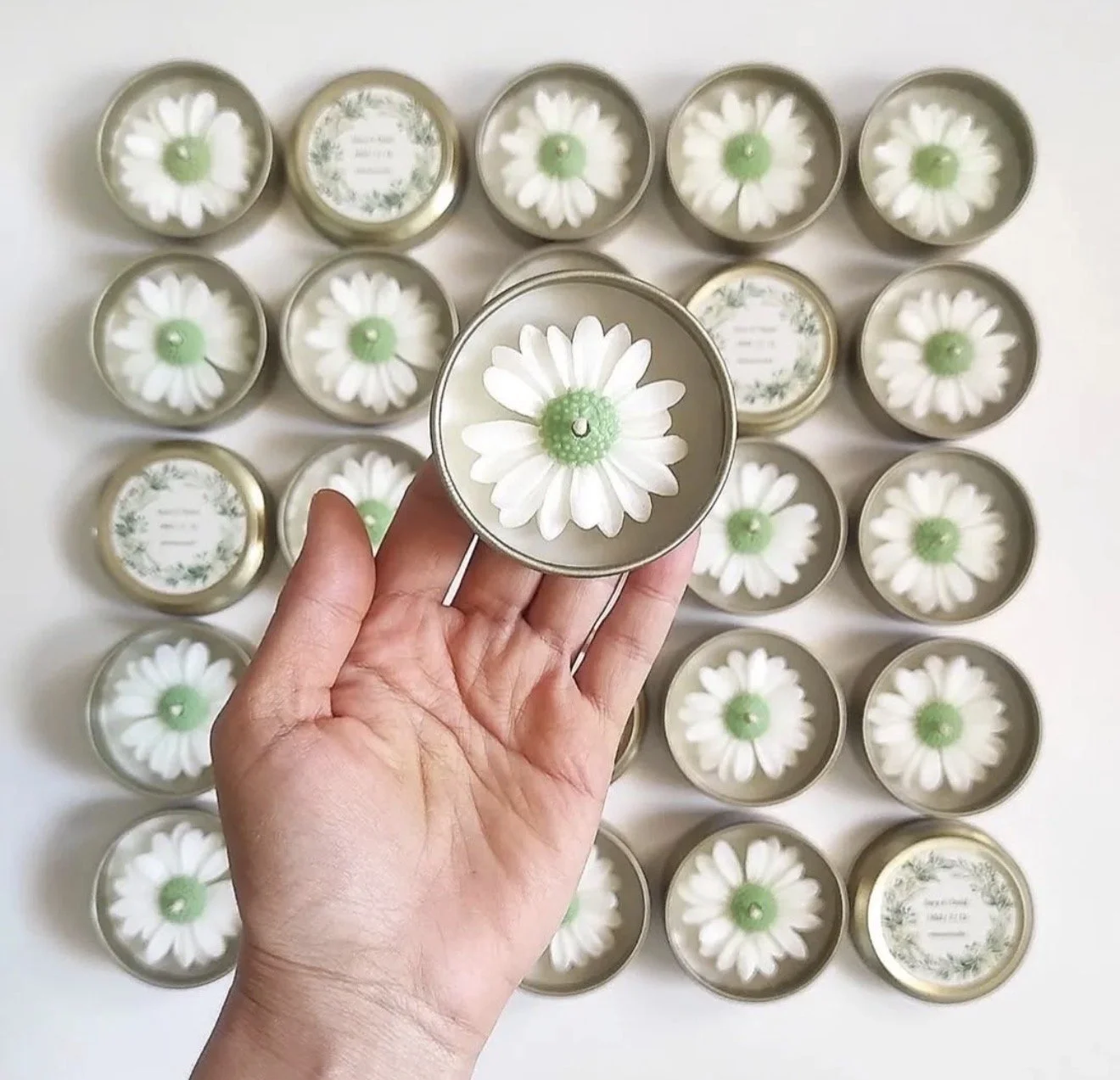 A hand holding a small round container with a white daisy flower soap inside. Multiple similar containers with daisy soap and decorative labels are arranged on a white surface in the background.