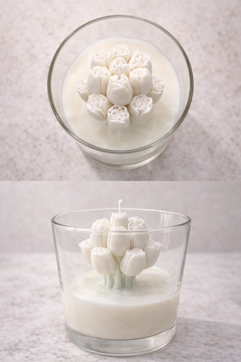 White tulip bloom soy candle in a clear glass jar, clean-burning handmade floral candle for modern home decor