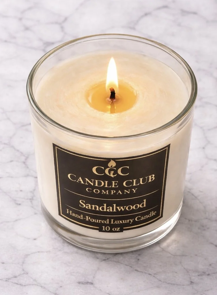 Top view of clean burning soy candle with even melt pool and centered wick, luxury 10 oz candle handmade in Connecticut