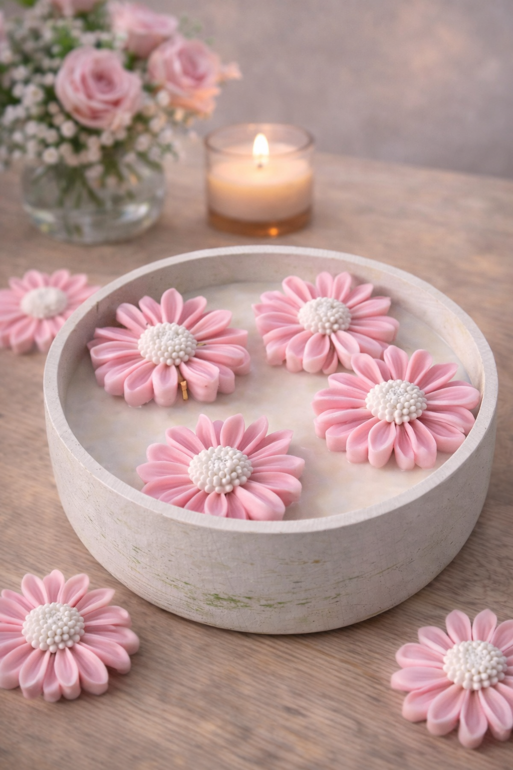 Floral soy candle centerpiece with daisy wax flowers in reusable bowl by Candle Club Company