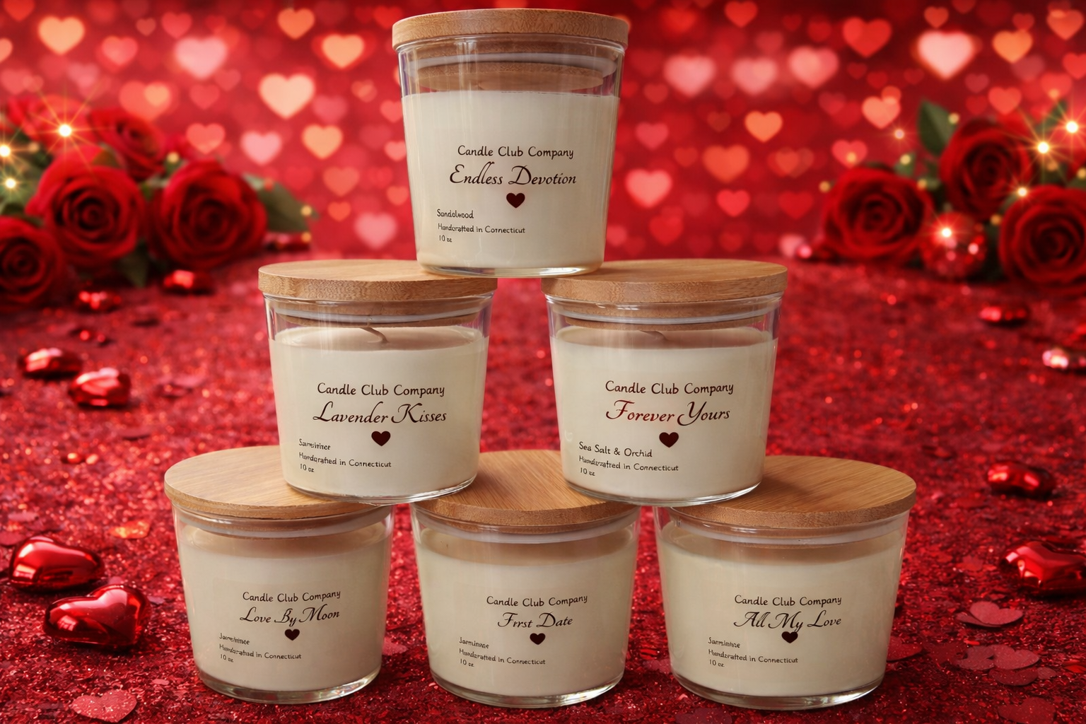 Valentine’s Day Love Story soy candle in glass jar with bamboo lid