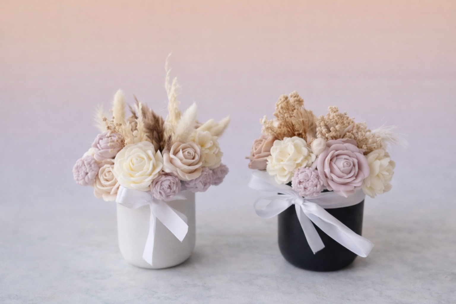 Handmade blush petal floral soy candle centerpiece with sculpted wax flowers, made in Connecticut