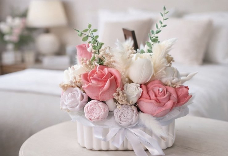 Handmade Eternal Bloom rose centerpiece candle in ceramic vessel by Candle Club Company