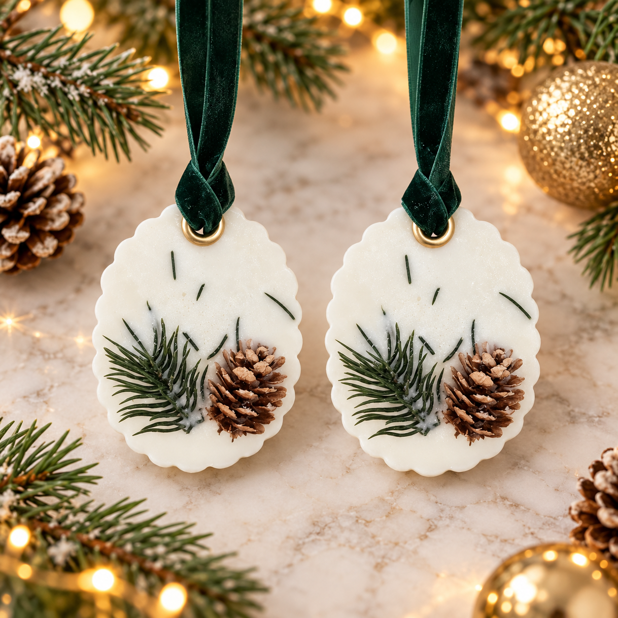 White Birch scented wax ornaments with evergreen and pinecone details, set of two