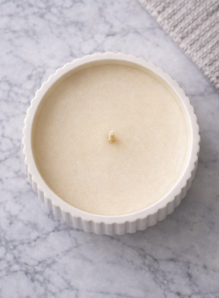 Top view of hand-poured soy candle showing smooth wax surface and centered wick in ribbed ceramic vessel