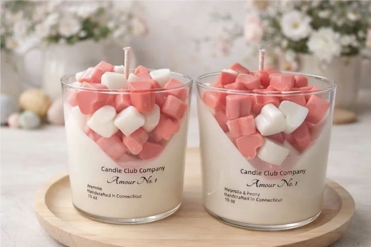 Handmade Amour Hearts soy candle with heart wax embeds, crafted in Connecticut