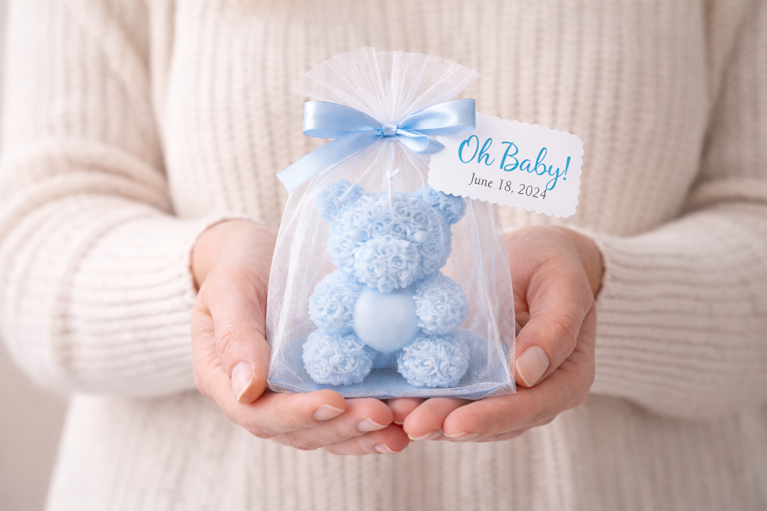 Baby shower teddy bear candle favors in organza bags