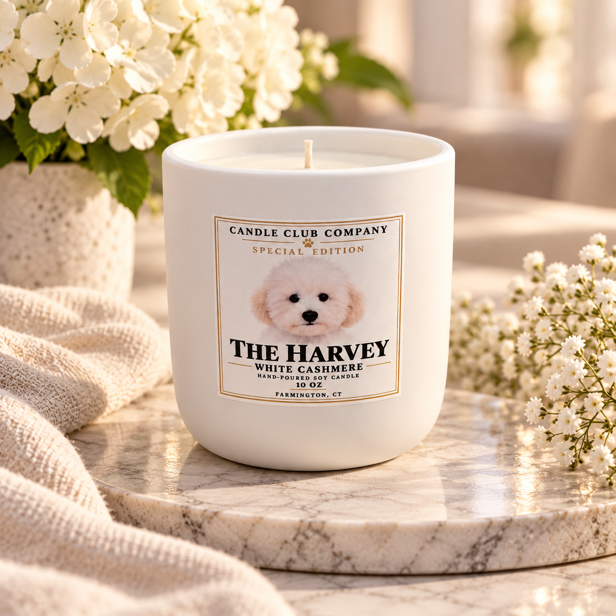 The Harvey White Cashmere 10 oz soy candle by Candle Club Company, hand-poured in Farmington Connecticut