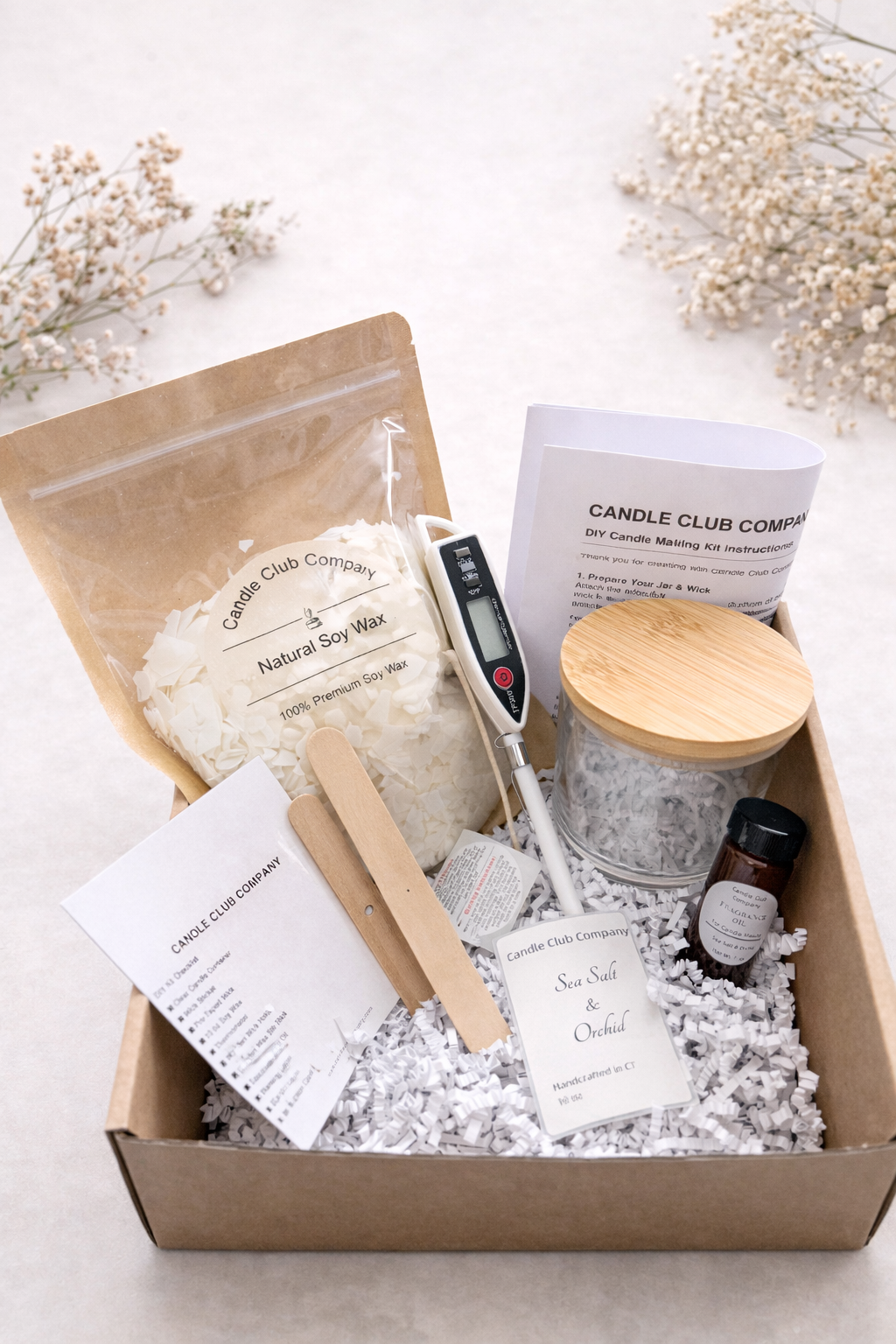 Luxury DIY Soy Candle Making Kit handcrafted in Connecticut by Candle Club Company including 10 oz natural soy wax, glass jar, thermometer, fragrance oil and candle tools.