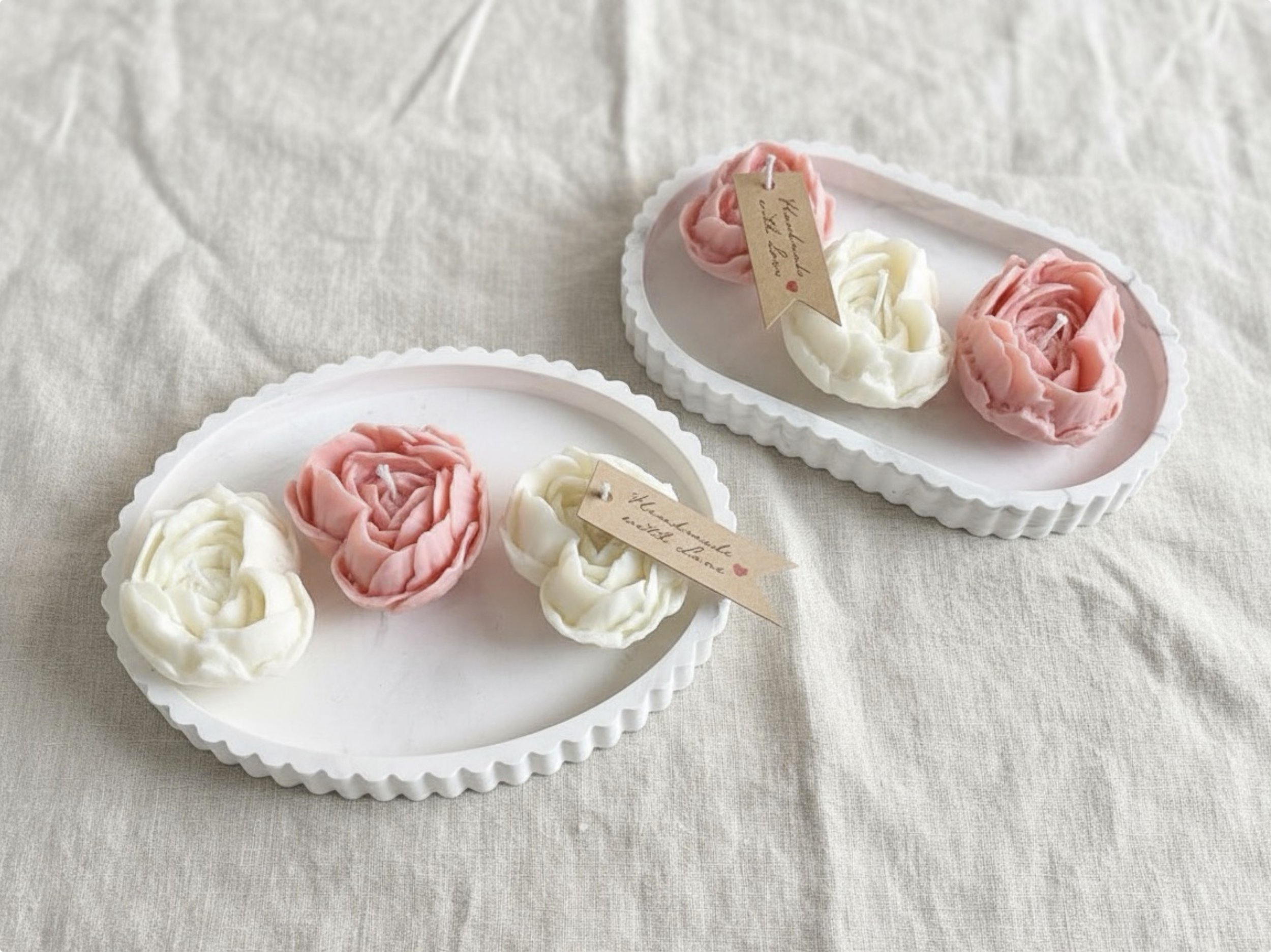 Handcrafted rose flower soy wax melts in soft pink and white tones, luxury handmade candle gift set by Candle Club Company in Farmington, Connecticut.