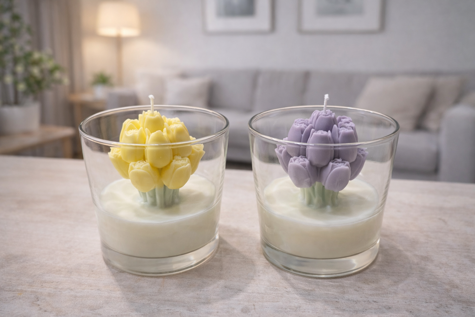 Handmade tulip bloom soy candles in clear glass jars with yellow and lavender floral wax tops, hand-poured in Farmington, Connecticut