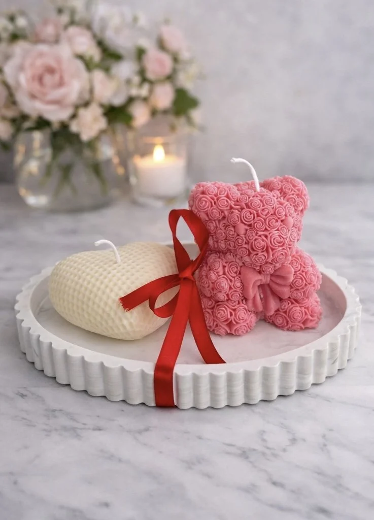 Romantic handmade candle gift set with heart candle and floral bear candle displayed on decorative tray