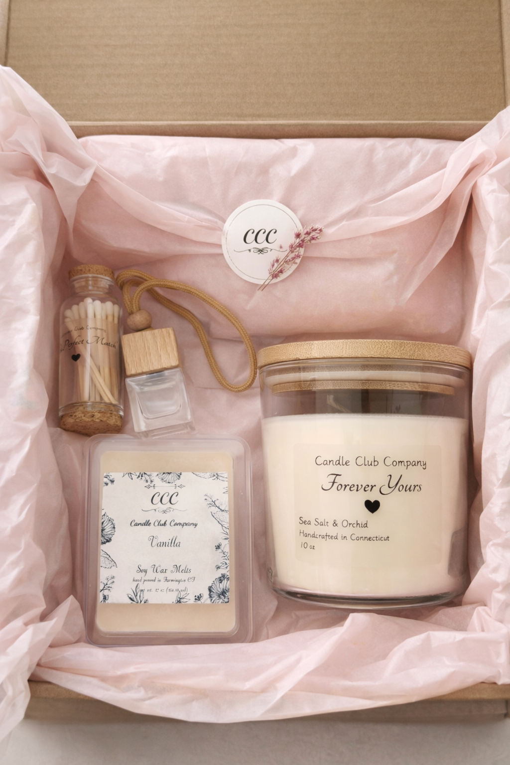 Handcrafted 10oz soy candle, CCC match jar, wax melts and car freshener included in Candle Club Company subscription box made in Connecticut