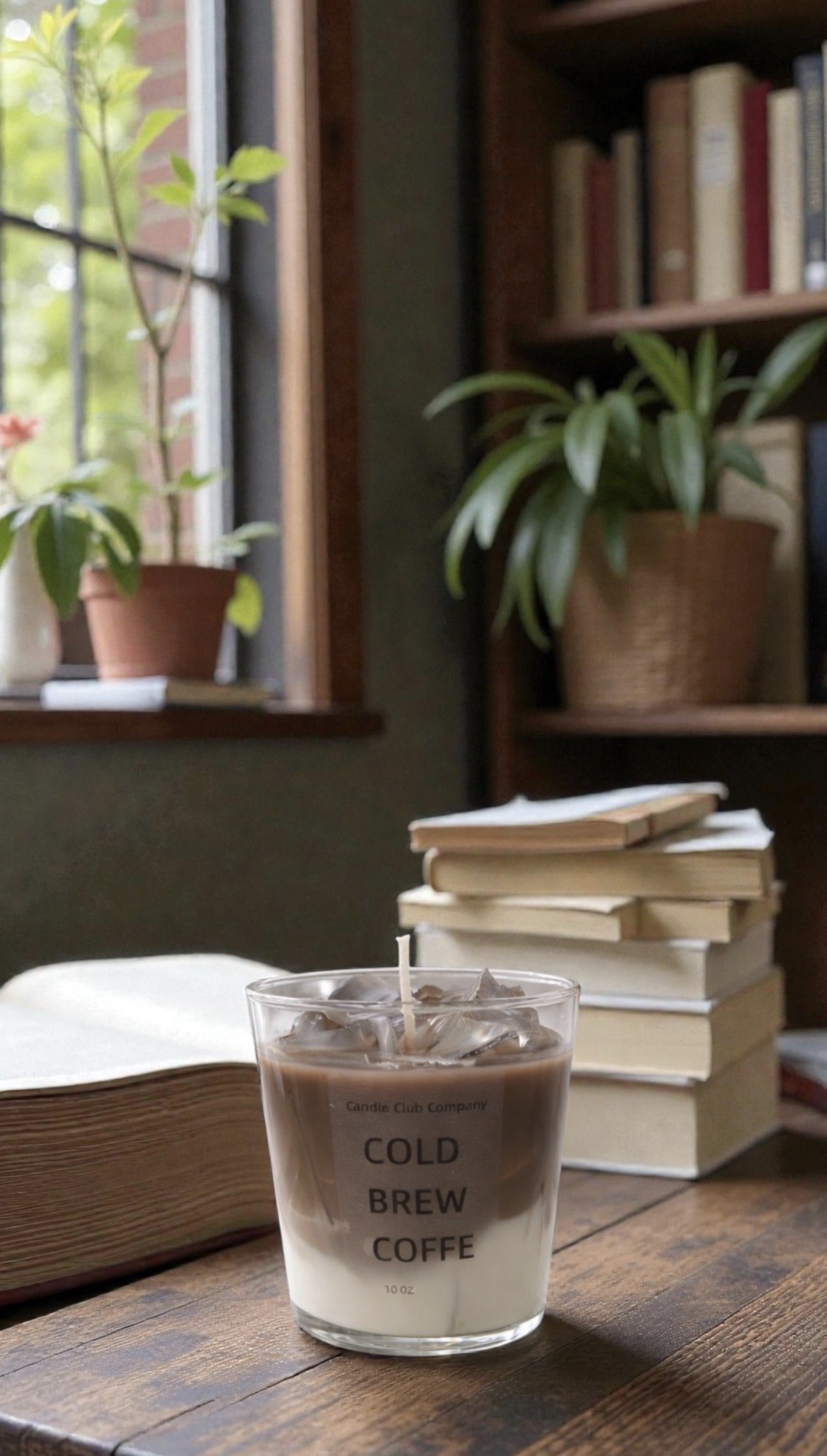 Coffee-inspired soy candle styled in a cozy home setting, perfect for coffee lovers and relaxed mornings