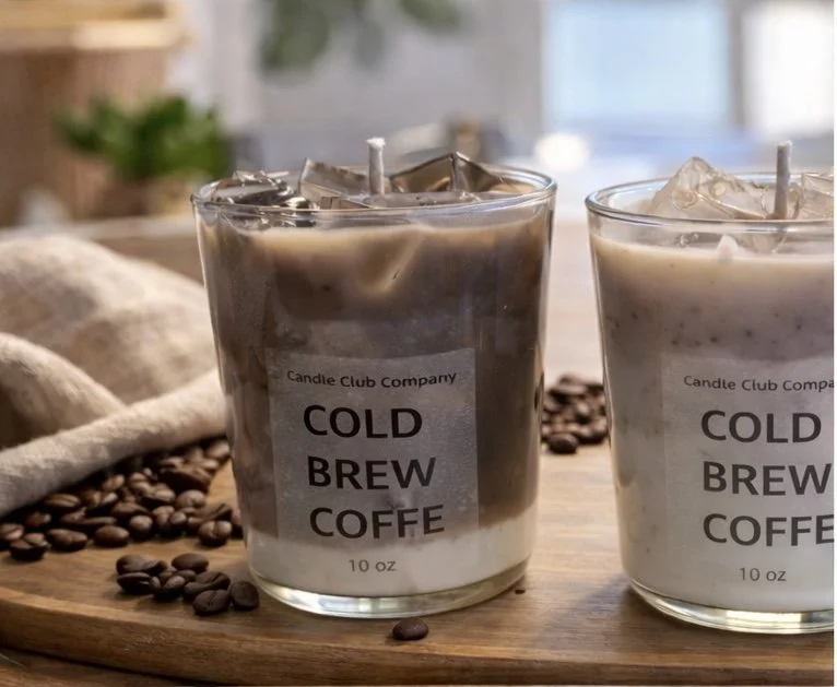 Cold Brew Coffee soy candles by Candle Club Company with iced coffee wax design on marble tray.