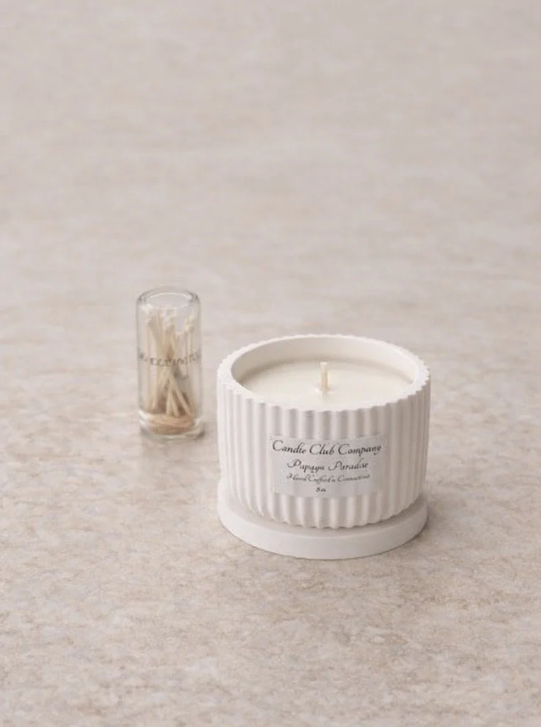 Luxury ribbed ceramic soy candle by Candle Club Company handcrafted in Farmington Connecticut with match cloche