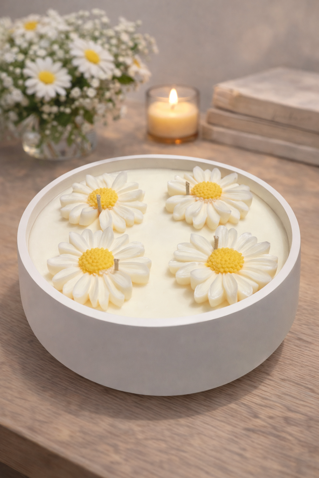 Handcrafted daisy soy candle in a white decorative bowl by Candle Club Company, floral spring candle with four daisy wax flowers