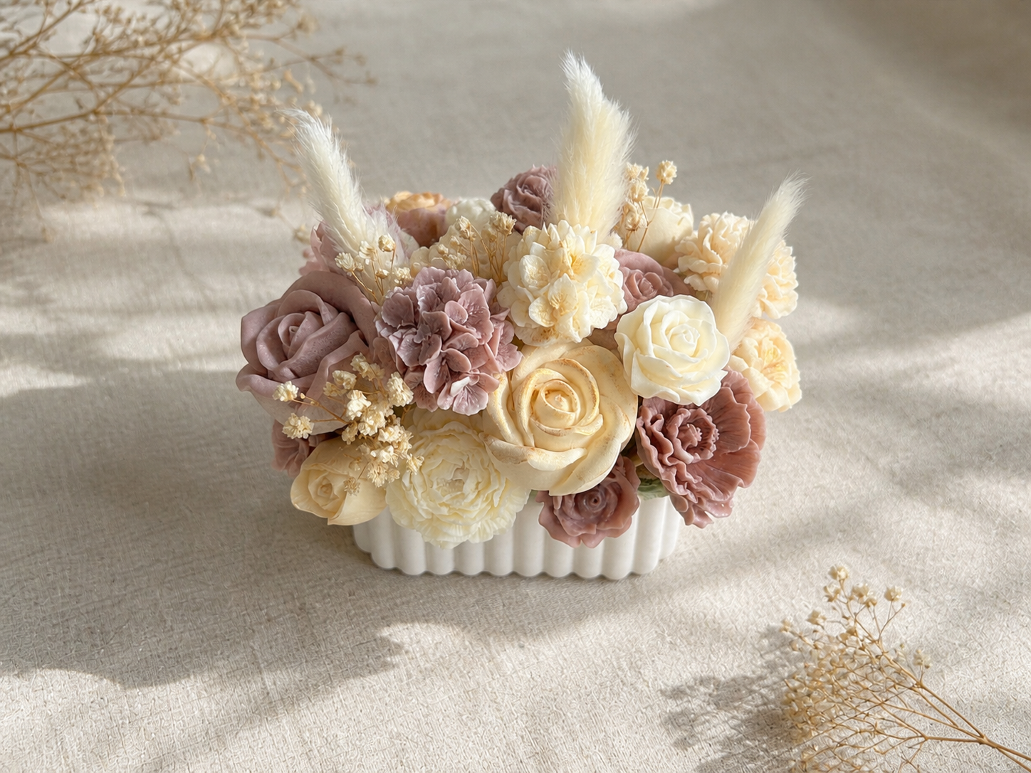 Handcrafted floral candle centerpiece designed for custom orders, bridal events, luxury gifting, and elegant home decor. Each arrangement is thoughtfully created by Candle Club Company and made uniquely for your special occasion.