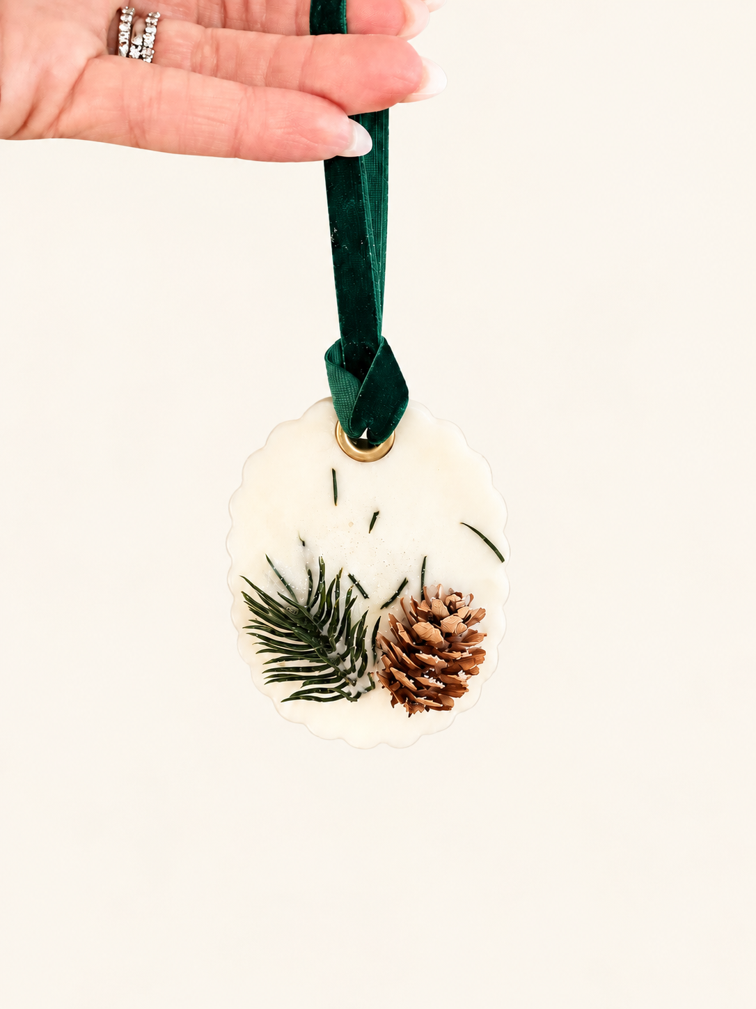 Evergreen Keepsake scented wax ornament with green velvet ribbon by Candle Club Company