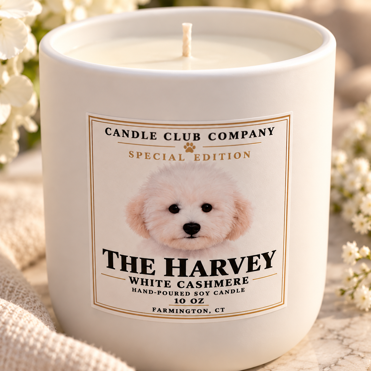 Close-up of The Harvey special edition White Cashmere soy candle